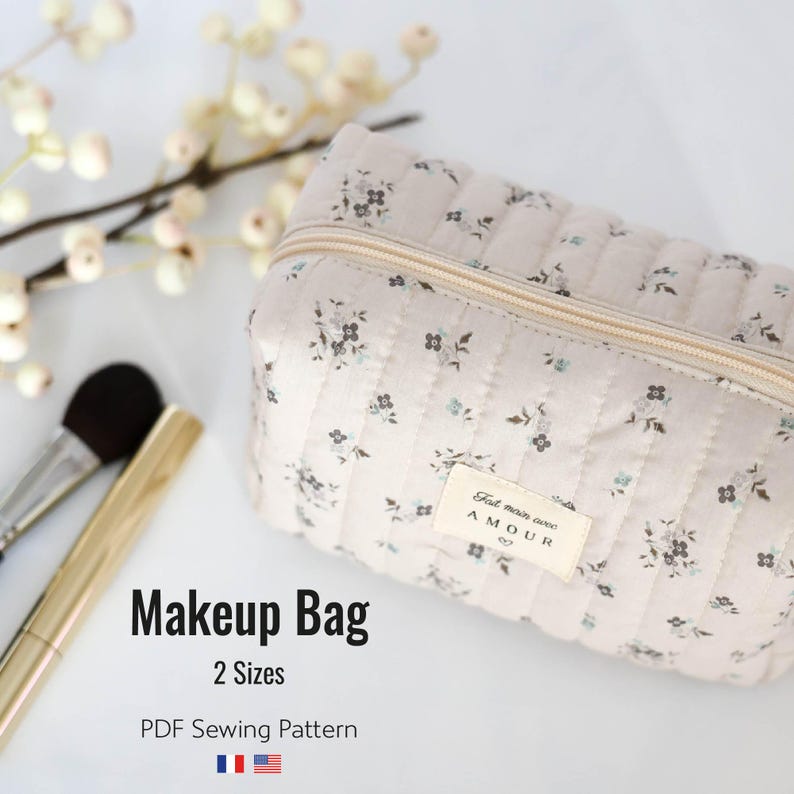 Makeup Bag PDF pattern, Boxy bag, Quilted pouch, Sewing gift pattern, Beginner friendly, Instant download PDF (A4, US letter, A2, Projector) image 1