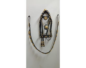 Fancy Custom Handmade Western Horse Bridle N Breast Collar Set  Black Leather with Gold Ornaments  Premium Equestrian Tack for Show & Rodeo