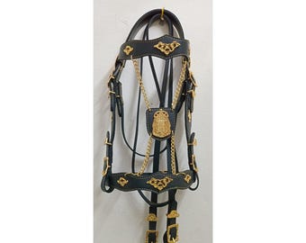 Fancy Custom Handmade Horse Bridle with Gold-Plated Accents, Premium Cowhide Leather, Driving Tack, Show Bridle for Horses