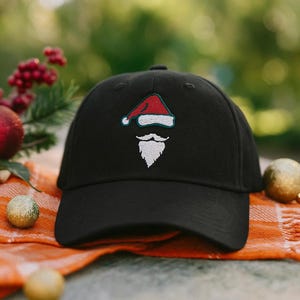 Embroidered Santa Hat Beard Baseball Cap | Christmas Holiday Wash Cap or 2-Tone Hat | Funny Festive Embroidery Dad Hat Gift for Men Women