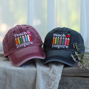 Teach Inspire Embroidered Teacher Hat – Cute Pencil Design – Wash Cap, Baseball Cap, or 2-Tone Hat – Teacher Gift Back to School