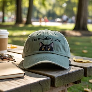 Funny Black Cat Embroidered Hat – “I’m Watching You” Baseball Cap, Wash Cap or 2-Tone Cap, Cat Lover Gift, Custom Thread Color Option