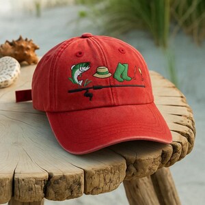 Embroidered Fishing Hat for Men – Red Dad Hat with Fish Rod Boots Lure Design – Fisherman Baseball Cap – Gift for Outdoorsman