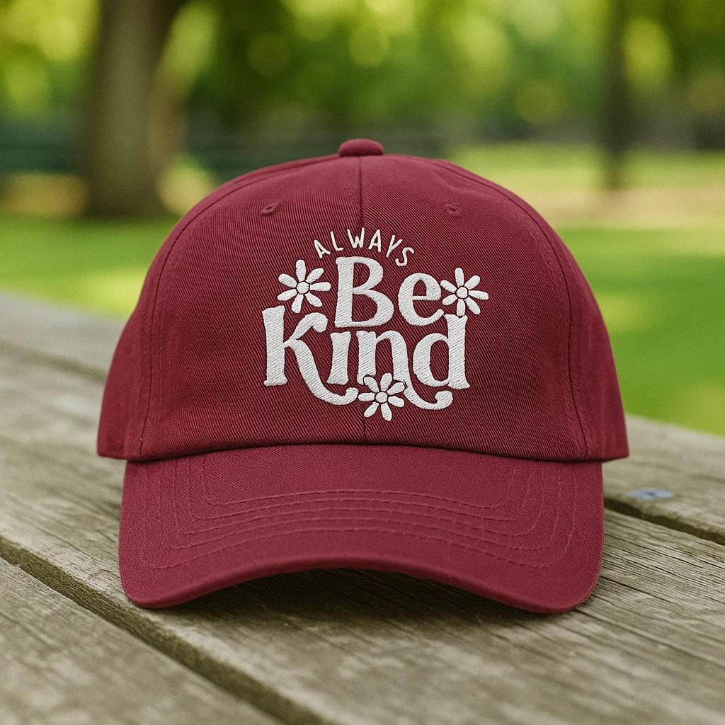 Always Be Kind Embroidered Hat – Positive Message Wash Cap, Baseball Cap, or 2-Tone Cap – Cute Gift for Kindness Lovers & Everyday Wear
