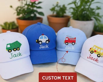 Custom Embroidered Vehicles Hat with Name – Fire Truck, Police Car, Bus, or Garbage Truck Design on Wash, Baseball or 2-Tone Cap