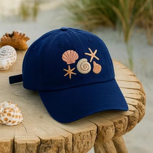 Seashell Starfish Embroidered Hat – Ocean Beach Baseball Cap, Coastal Wash Cap, Nautical Summer Dad Hat, Cute Sea Shell Gift for Her