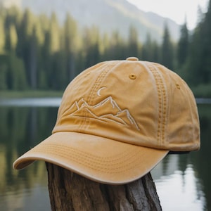 Mountain Embroidered Washed Baseball Cap – Adventure Nature Aesthetic Dad Hat – Hiking Outdoors Cap, Minimalist Design, Adjustable Fit