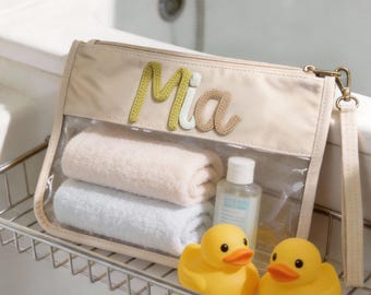 Personalized Large Diaper Pouch for Baby Bath, Custom Name Clear Organizer Bag, 3D Yarn Toiletry Pouch, Waterproof Skincare Bag