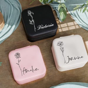Estuche de viaje para joyas con flores de nacimiento, regalo de flores para el mes de nacimiento, regalo de cumpleaños personalizado, estuche de viaje de cuero para joyas, estuche de joyería personalizado