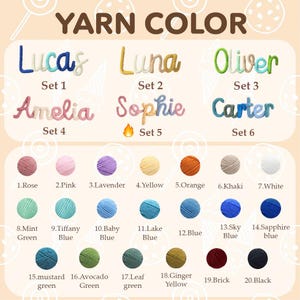 May include: A product display featuring the text "YARN COLOR" above examples of yarn-crafted names and color options. Names include Lucas, Luna, Oliver, Amelia, Sophie, and Carter. Yarn colors range from Rose to Black.