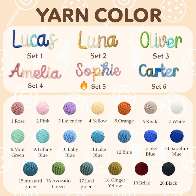 May include: A product display featuring the text "YARN COLOR" above examples of yarn-crafted names and color options. Names include Lucas, Luna, Oliver, Amelia, Sophie, and Carter. Yarn colors range from Rose to Black.