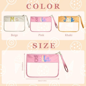 May include: Clear cosmetic bags in beige, pink, and khaki, each with a name embroidered on top. The pink bag is 22cm (8.66in) high and 30cm (11.81in) wide. The text "COLOR" and "SIZE" are also visible.