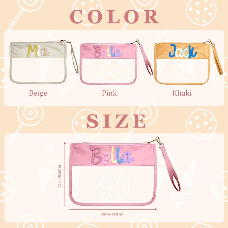 May include: Clear cosmetic bags in beige, pink, and khaki, each with a name embroidered on top. The pink bag is 22cm (8.66in) high and 30cm (11.81in) wide. The text "COLOR" and "SIZE" are also visible.