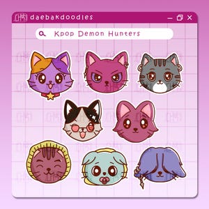 Peut inclure: Une collection d'autocollants de chats et de chiens de dessins animés colorés. Les autocollants présentent divers visages de chats et de chiens avec différentes expressions et accessoires. La barre de recherche indique "Kpop Demon Hunters". Le coin supérieur gauche de l'image indique "daebakdoodles".