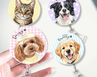 Personalized Striped Pet Photo Badge Reel: Custom Dog Cat Photo Nurse ID Holder, Pet Lovers Gift