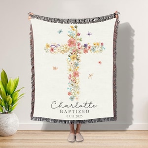 Personalized Floral Baptism Blanket: Woven Cotton Christening Gift