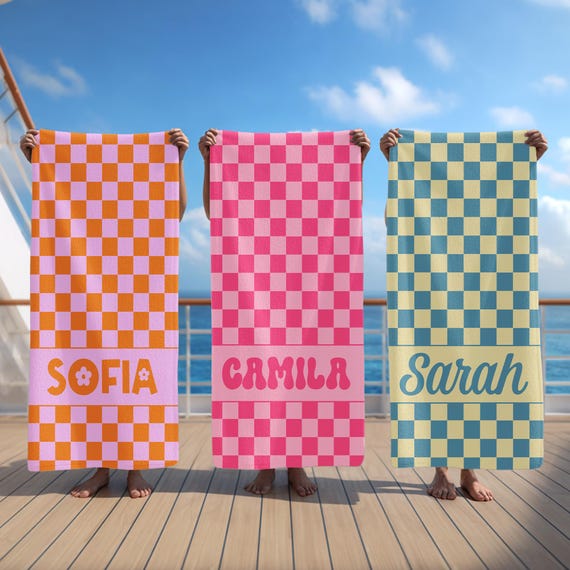 Custom Summer Colors Checkered Beach Towel, Kids Beach Towel, Bachelorette Bridesmaid Gifts, Girls Trip Towel, Vacation Towel Gift