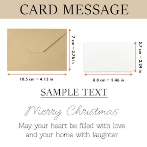 May include: A kraft paper envelope and a white card with dimensions. The envelope is 4.13 inches wide and the card is 3.46 inches wide. Text on the card reads "Merry Christmas" and a holiday message.