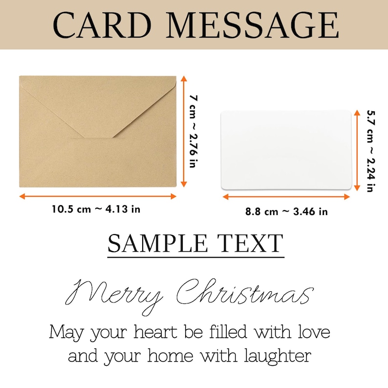 May include: A kraft paper envelope and a white card with dimensions. The envelope is 4.13 inches wide and the card is 3.46 inches wide. Text on the card reads "Merry Christmas" and a holiday message.