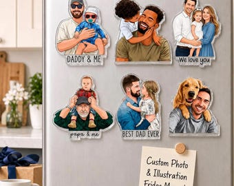 Personalized Portrait From Photo Dad And Kids Magnet: Custom Dad Photo Magnet, Fathers Day Gift For Dad, Gift For Husband, New Dad Gift