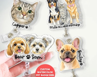 Custom Pet Watercolor Badge Reel from Photo, Hand Drawn Dog Cat ID Holder, Nurse Gift, Vet Tech Name Tag Clip