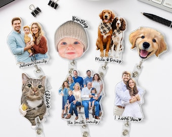 Personalized Photo Badge Reel: Dog, Cat Retractable ID Holder; Baby Face Badge Reel, Dog Owner Gifts
