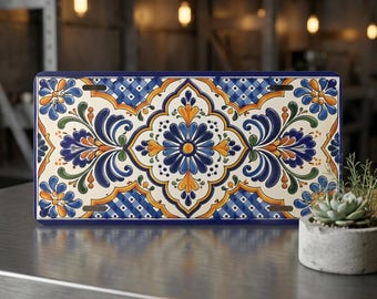Talavera Style License Plate, Metal Blue Tile Looking Vanity Plate, Spanish Tile Art Plate, Kitchen Garden Wall Decor