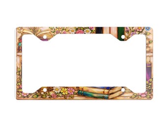 Book Worm book Metal Lcense Plate Frame, Durable Glossy Finish, Fits Standard Plates
