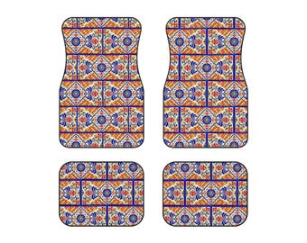 Talavera Car Mats Set, Mexican Tile Pattern Floor Mats, Colorful Auto Interior Decor