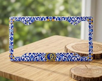 Sun And Moon License Plate Frame, Blue Floral Talavera Pattern Metal Car Tag Frame