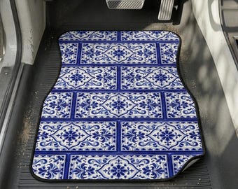 Blue White Talavera Tile Car Floor Mats, Mediterranean Azulejo Auto Set