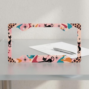 Atomic Cat License Plate Frame, Retro Car Accessory, Metal 12 x 6