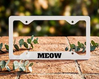 Meow License Plate Frame, Cat Lover Car Accessory, Funny Cat Frame, Minimal White Aluminum Metal Frame, Cute Car Gift