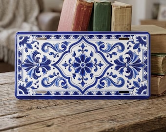 Talavera Style License Plate, Blue Azulejo Tile Decor, Mediterranean Wall Art Sign