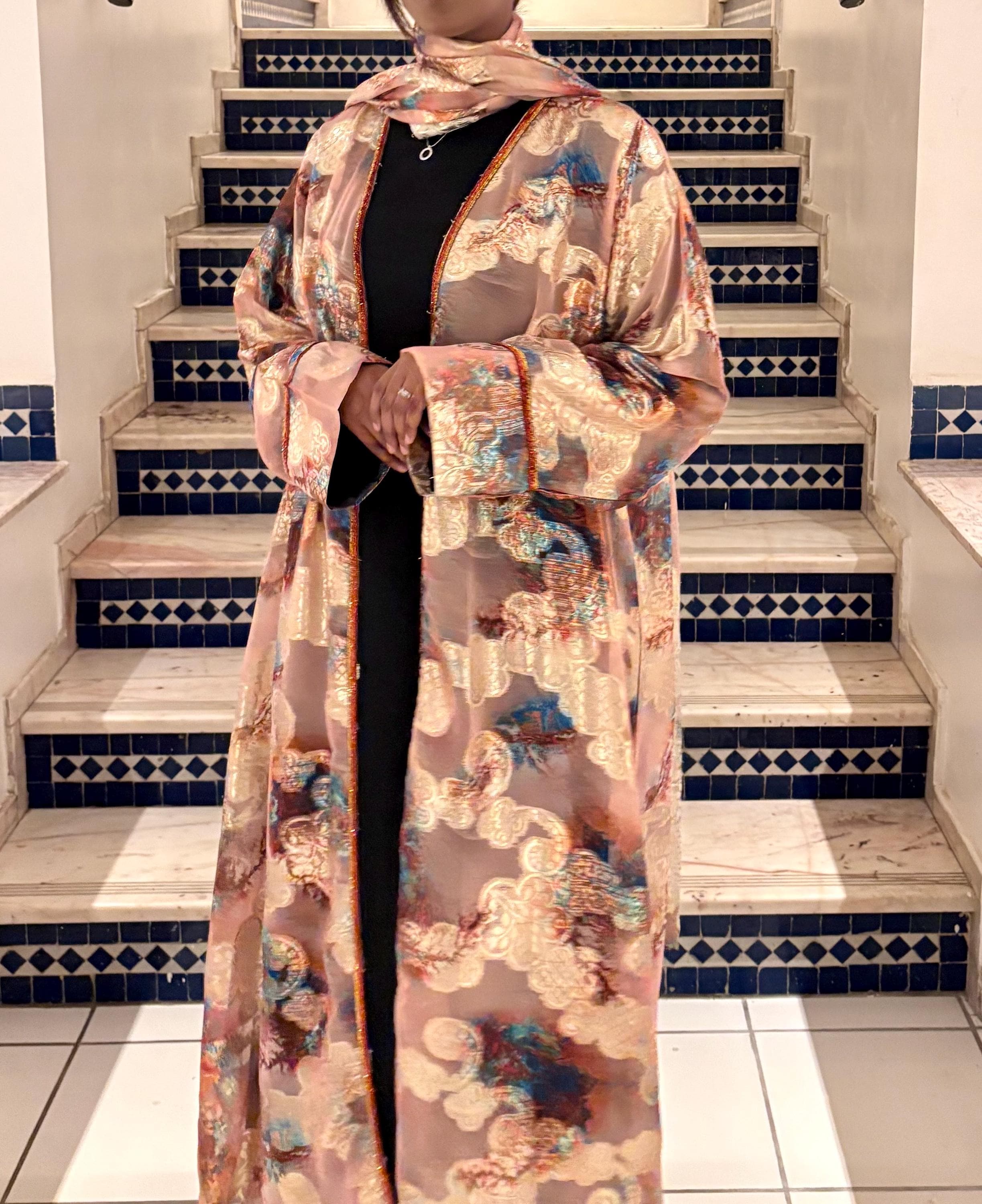 Luxury Somali Dirac Open Abaya With Matching Scarf | Watercolour