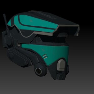 May include: A futuristic helmet design in teal and black. The helmet features a visor, antenna, and various mechanical components. The color scheme includes teal accents on a black base, with a rugged, industrial aesthetic.