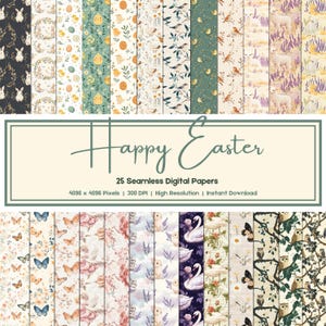 25 Papier numérique Boho Easter | Motifs printaniers sans couture | Papier floral Lapin de Pâques, cygne, poussin, hibou | Fonds de Pâques rustiques | PNG et PDF