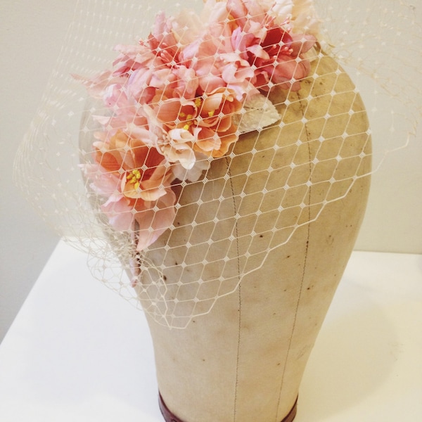 Handmade flowers headband with birdcage veil overlay- style 120