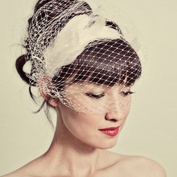 Feather headband with birdcage veil overlay- style 114