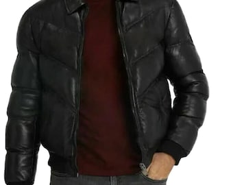 New Handmade Men's Real Leather Puffer Jacket For Mens, New Stylish Bomber Leather Puffer  Jacket, Men's Winter Bomber, Gift For Him