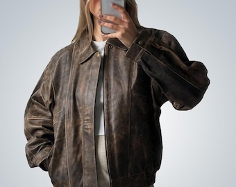 1980s Oversized Distressed Leather Jacket, Women's Vintage Brown Lambskin Coat