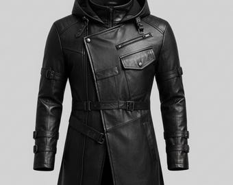 Gabardina gótica de cuero para hombre - Chaqueta larga con capucha estilo steampunk - Abrigo de cosplay cyberpunk - Regalo de moda vanguardista para él