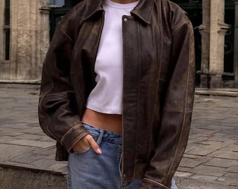 Handmade Oversized Brown Lambskin Leather Bomber Jacket, Women's Casual Wear