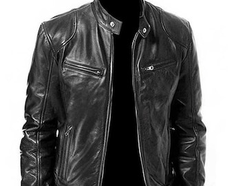 Handmade Lambskin Leather Biker Coat, Slim Fit Outerwear