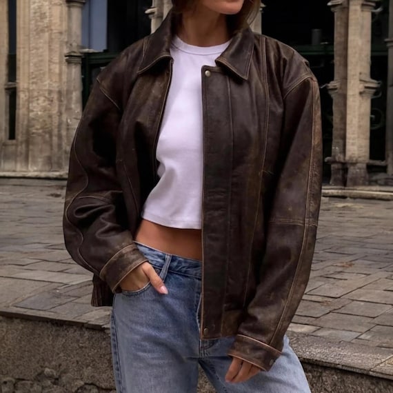 Handmade Oversized Brown Lambskin Leather Bomber Jacket, Women's
