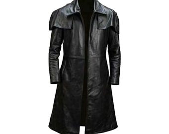 Herren Fallout Leder Langer Mantel, Leder Trenchcoat in voller Länge für Herren, Neuer Leder Duster Langer Mantel für Herren, langer Trenchcoat