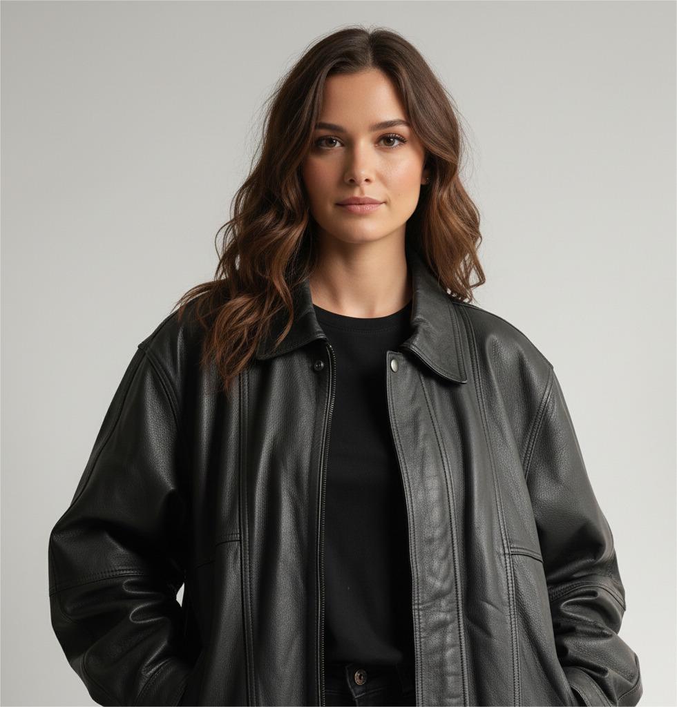 Vintage 90s Black Leather Bomber Jacket for Women - Oversized Y2K