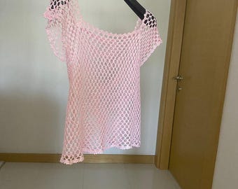 Handmade Crochet Mesh Top - Lightweight Summer Shirt - Soft Pink Cotton - Boho Knit Blouse