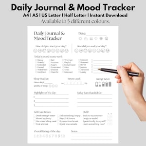 Diario de estado de ánimo diario/Seguimiento del estado de ánimo/Plantilla de diario de salud mental/Diario de TDAH/Planificador imprimible/A4/A5, carta, media página/descarga digital