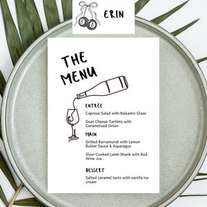 Sjabloon menu- en naamkaartjes | Afdrukbaar bruiloftstafeldecor | Leuke handgetekende geïllustreerde naamkaart | Evenement Etentje | Handgeschreven menu